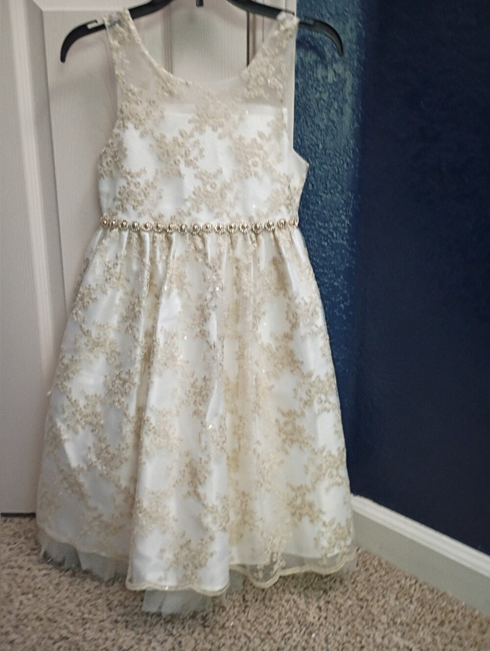 American Princess White and Gold Floral Lace Party Dress